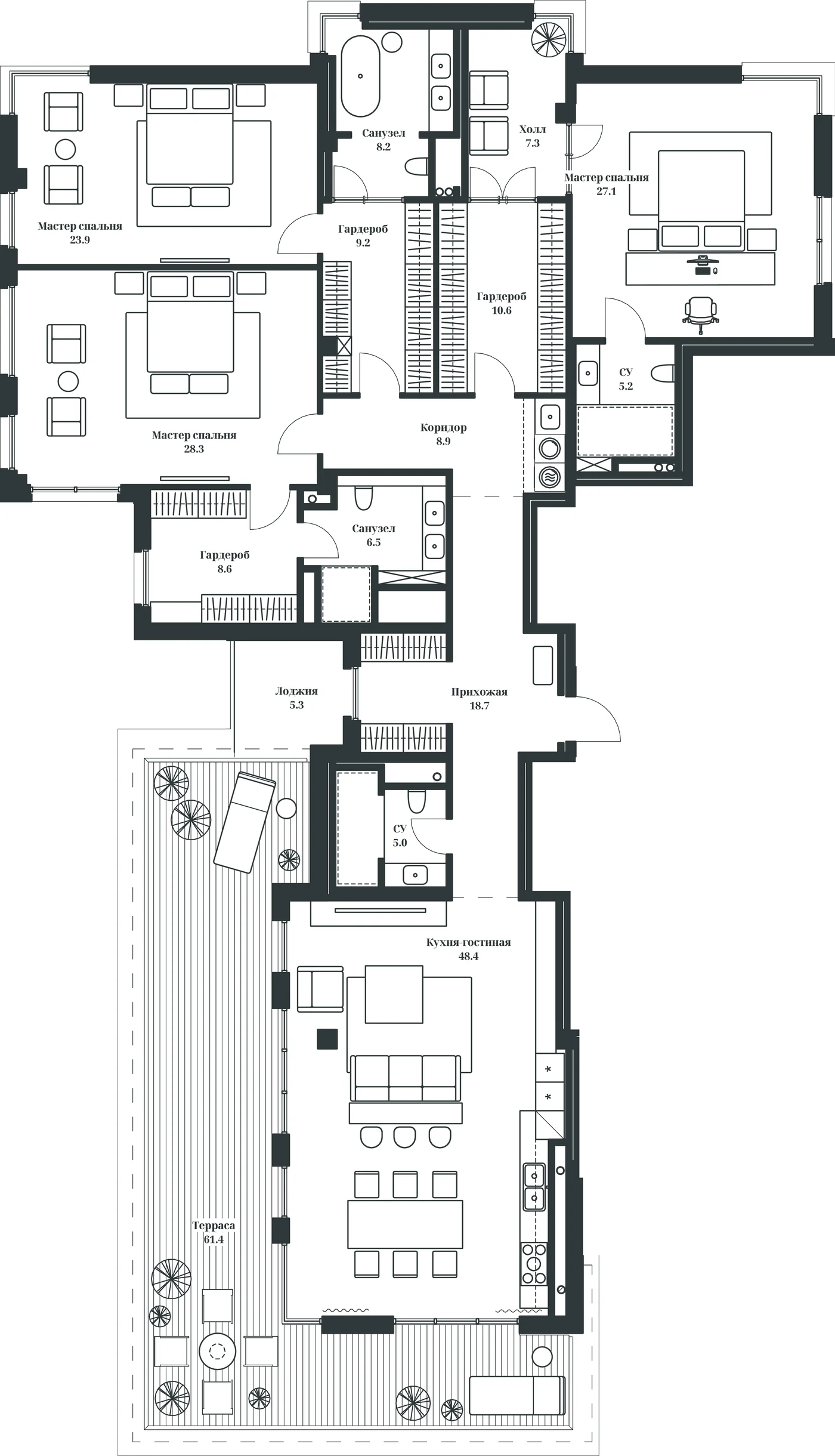 Планировка пентхауса Villa Marina с террасой 43,7 м²